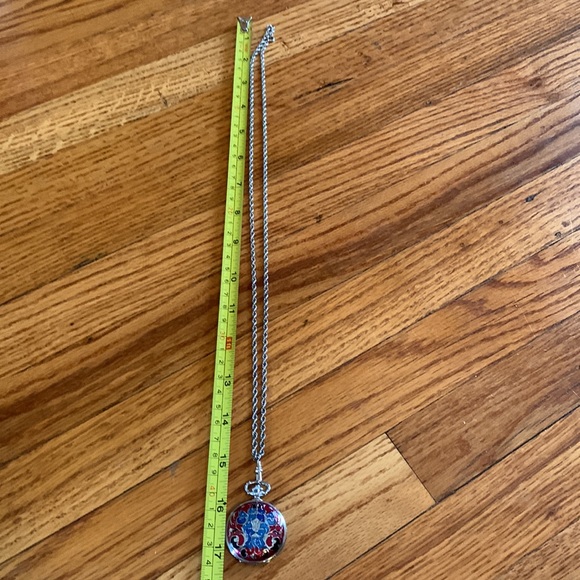 Arnex Swiss pocket watch wind up w red/blue enamel cover on silver tone chain - Picture 5 of 5